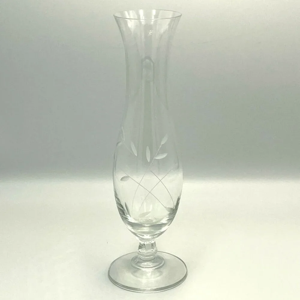 Lenox Crystal Bud Vase Etched Floral USA 9.5” H Marked Elegant Quiet‎ Lux